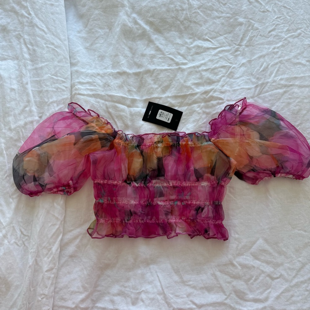 NWT Fashion Nova Pink and Orange Puff Sleeve Crop Top
